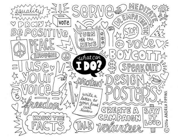 The illustration appears in black on a white background. The sketch consists of suggestions for how a person can become involved in social justice done in different types of hand-lettering surrounded by illustrations. 