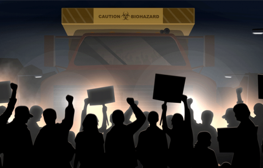 Illustration of protestors standing in front of a biohazard sign.