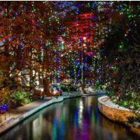 riverwalk with string lights 