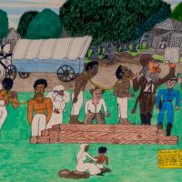 depiction of a slave auction. Background log and stone housing