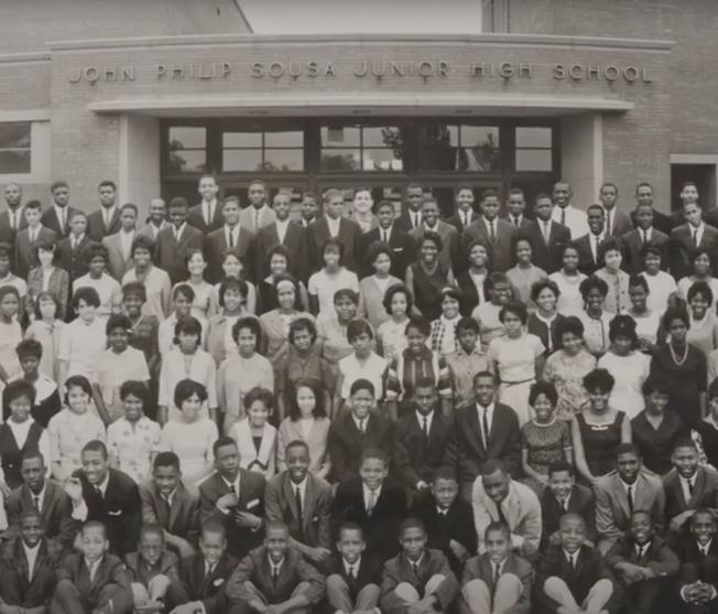 Photo of the 1964 graduating class of John Philip Sousa High School, from the Anacostia neighborhood of Washington, DC. The image shows how quickly the student body changed from a proportionally white population to a black population.