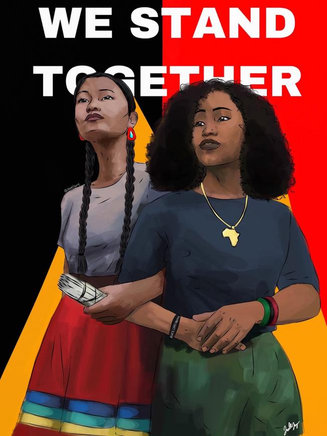 Color illustration of an Indigenous woman and a Black woman standing with arms linked and the words We Stand Together