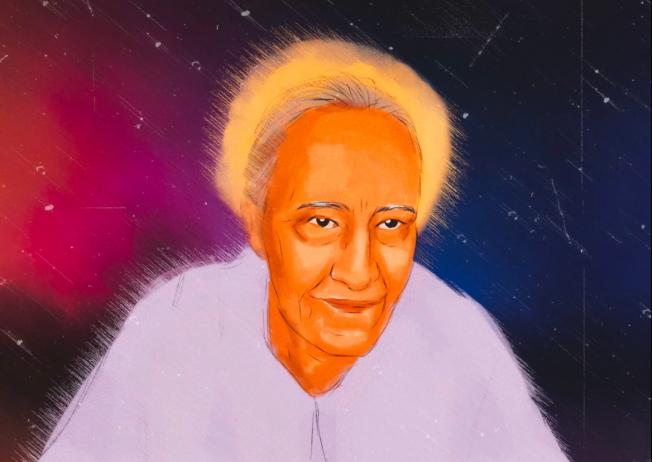 Digital painting of an elder woman in lavender, her head ringed by a yellow halo, on a starry black and purple background