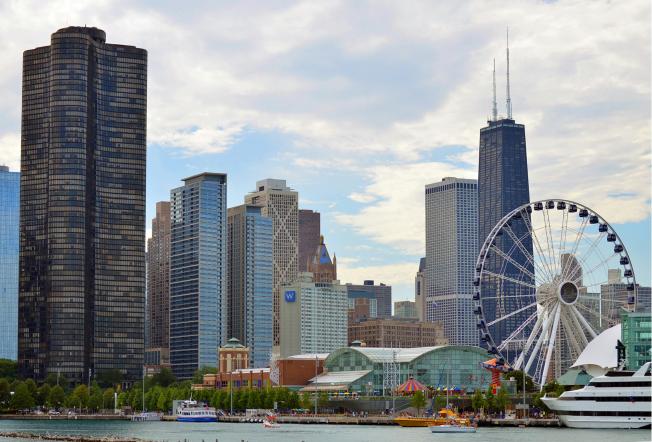city scape with ferris whell