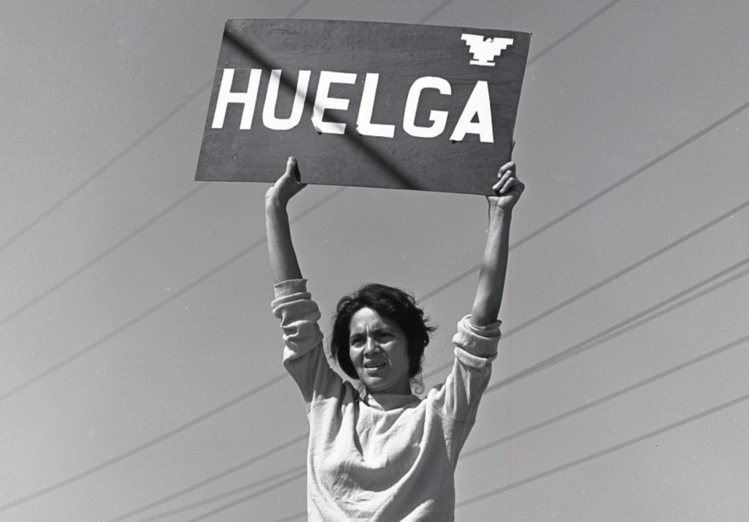 A 1965 photo of Dolores Huerta protesting in California, holding a sign “huelga,” which is the Spanish word for strike.
