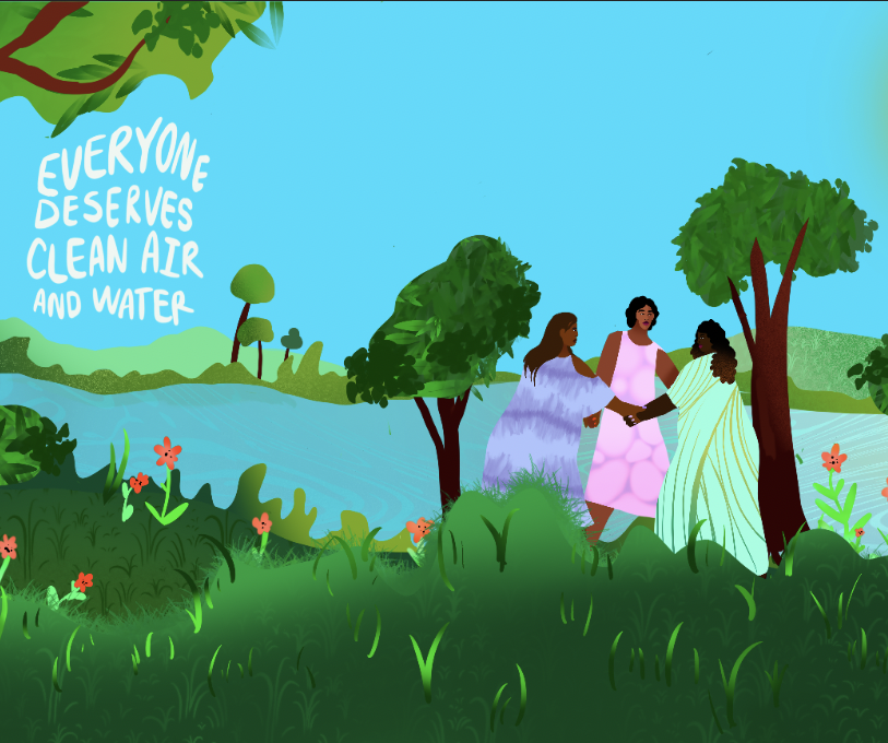 Illustration with black women standing on grass amidst trees with a blue sky in background.